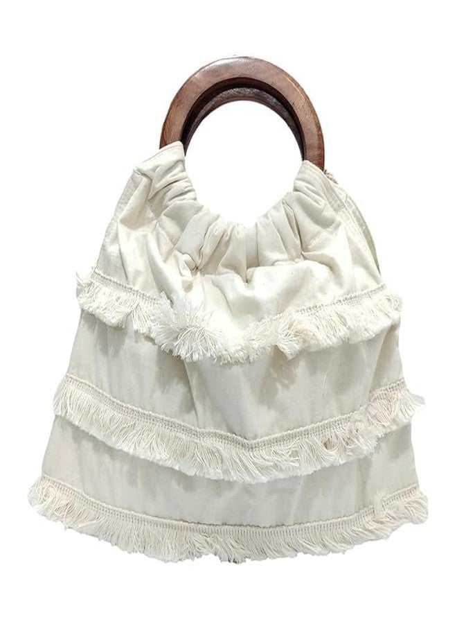 ATHZ handbags for women top handle bags with classic wodden handles jute flower, tassel, satin ribbon embellishment Jute| Cotton Fabric Bags (Off White, Onion Pink) - Image 2